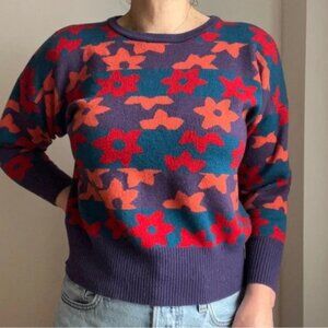 Marimekko Vintage Wool Sweater Size S Made in Finland Flower Print Multicolor